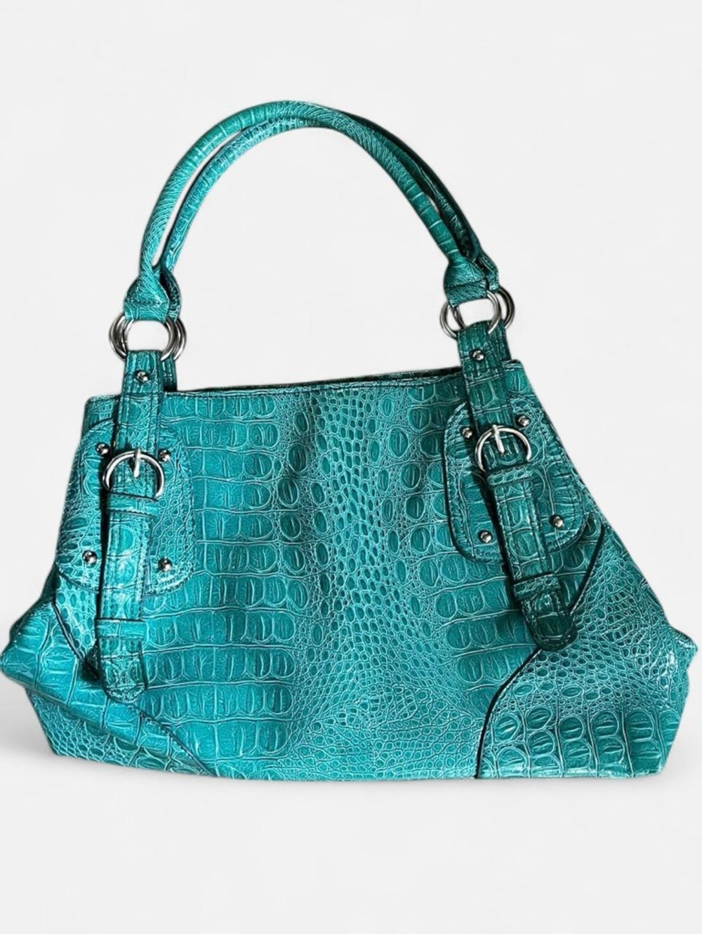 Teal Faux Croc-Embossed Sag Harbor  Shoulder Bag